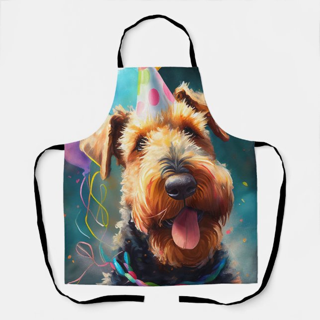Airedale dog with birthday hat and balloons  apron (Front)
