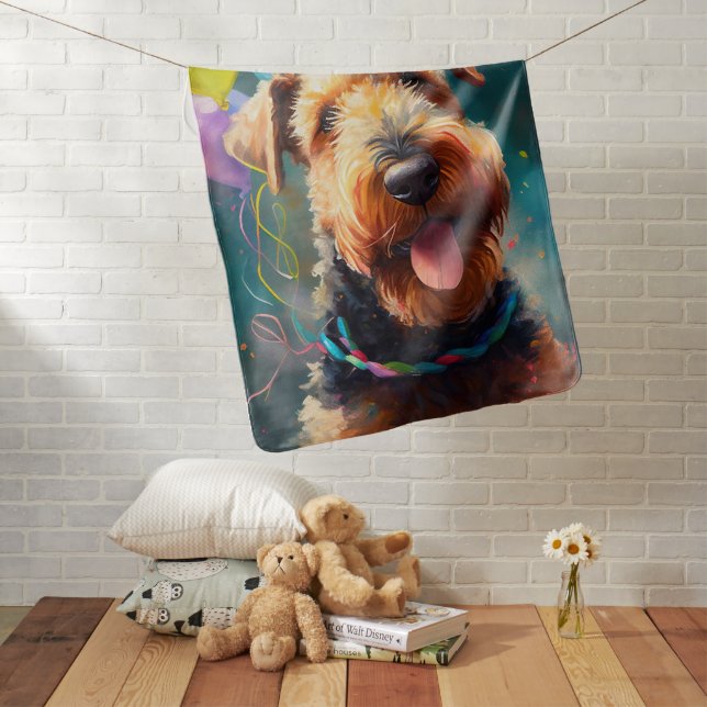 Airedale dog with birthday hat and balloons baby blanket (In Situ)