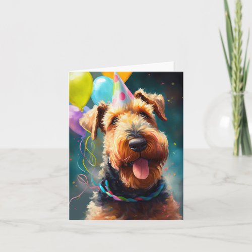 Airedale dog with birthday hat and balloons card