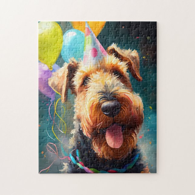 Airedale dog with birthday hat and balloons jigsaw puzzle (Vertical)