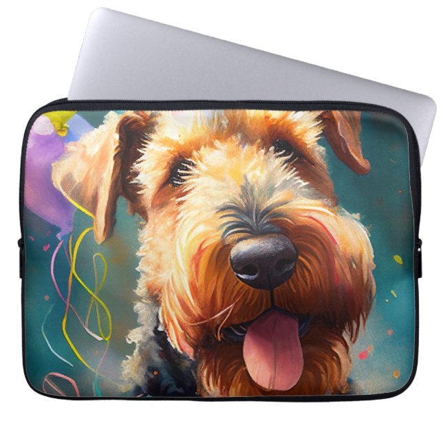 Airedale dog with birthday hat and balloons laptop sleeve (Front)