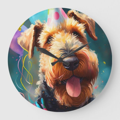 Airedale dog with birthday hat and balloons large clock