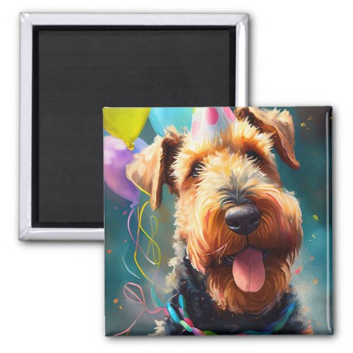 Airedale dog with birthday hat and balloons magnet
