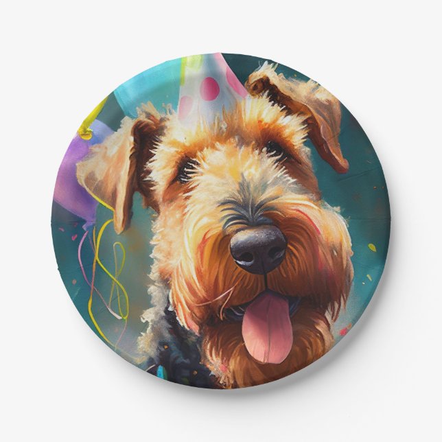Airedale dog with birthday hat and balloons paper plates (Front)