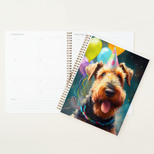 Airedale dog with birthday hat and balloons planner