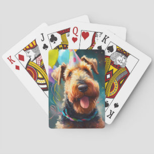 Airedale dog with birthday hat and balloons poker cards