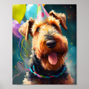 Airedale dog with birthday hat and balloons poster