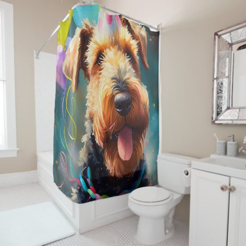 Airedale dog with birthday hat and balloons shower curtain