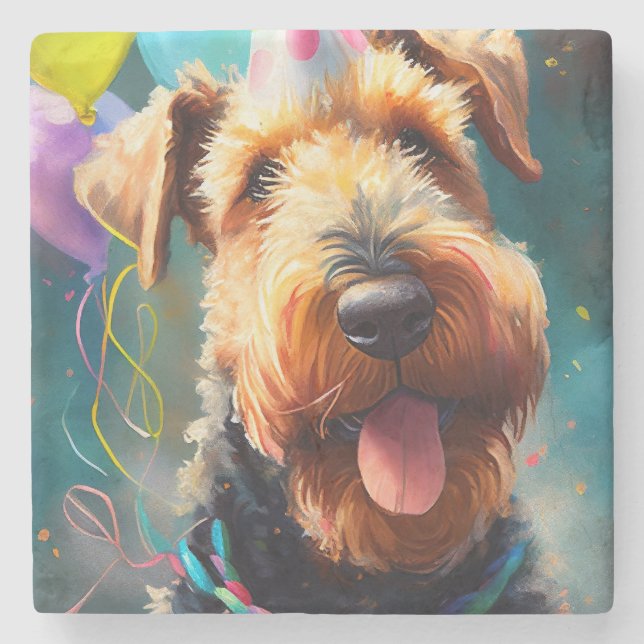 Airedale dog with birthday hat and balloons stone coaster (Front)