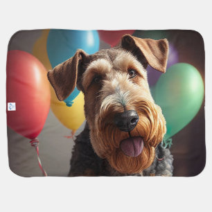 Airedale dog with cake and balloons baby blanket
