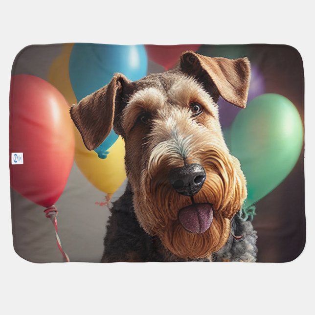Airedale dog with cake and balloons baby blanket (Back Horizontal)