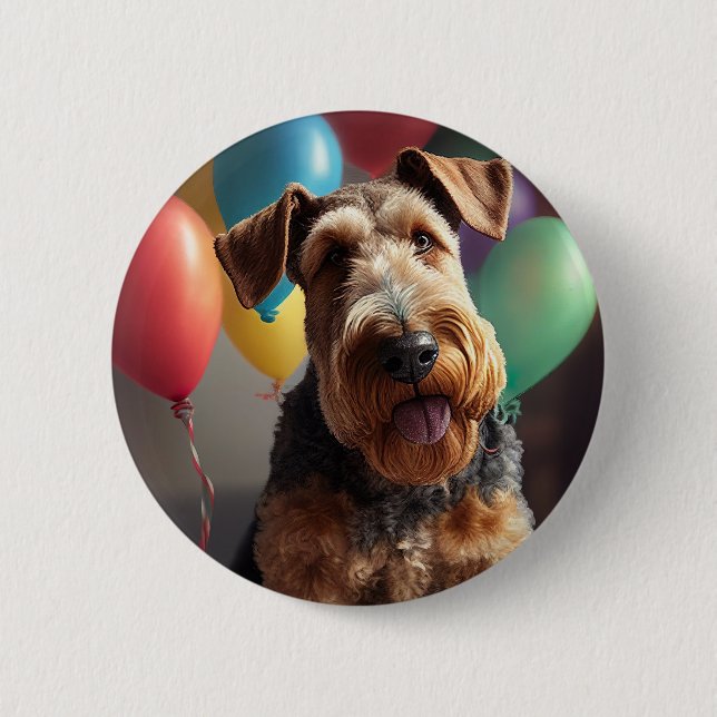 Airedale dog with cake and balloons button (Front)