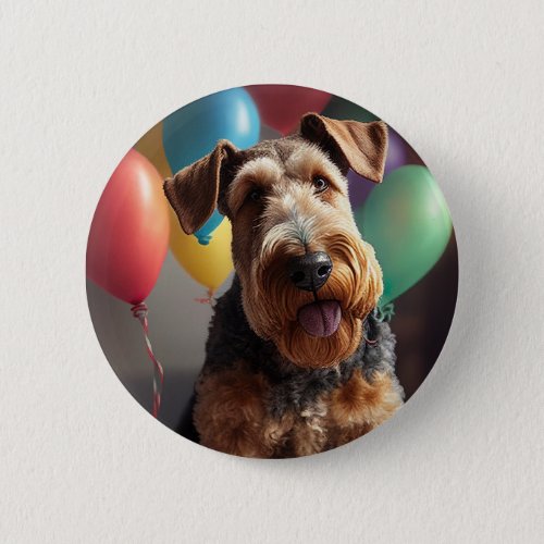 Airedale dog with cake and balloons button