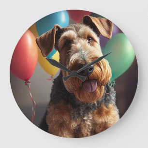 Airedale dog with cake and balloons large clock