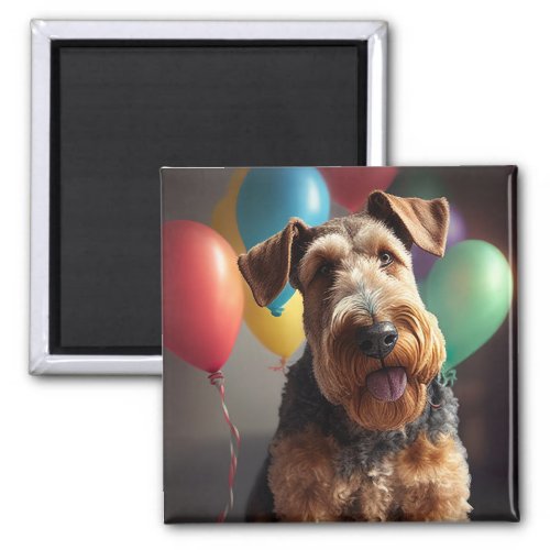 Airedale dog with cake and balloons magnet