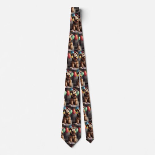 Airedale dog with cake and balloons neck tie