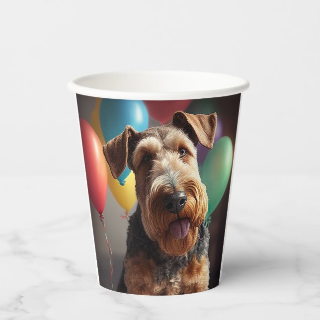 Airedale dog with cake and balloons paper cups (Front)