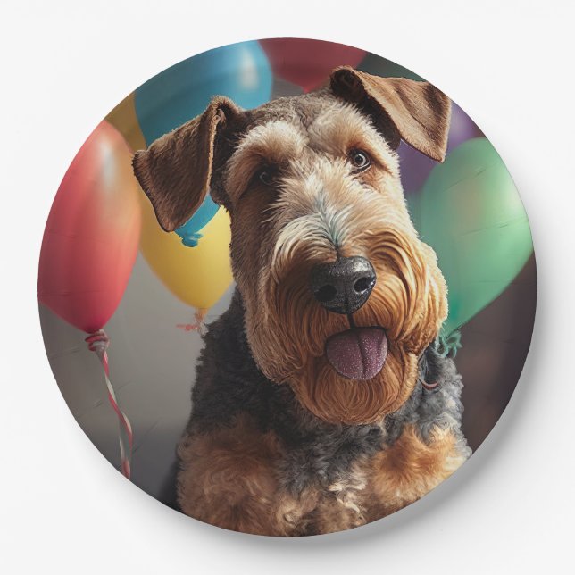 Airedale dog with cake and balloons paper plates (Front)