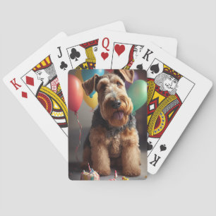Airedale dog with cake and balloons poker cards