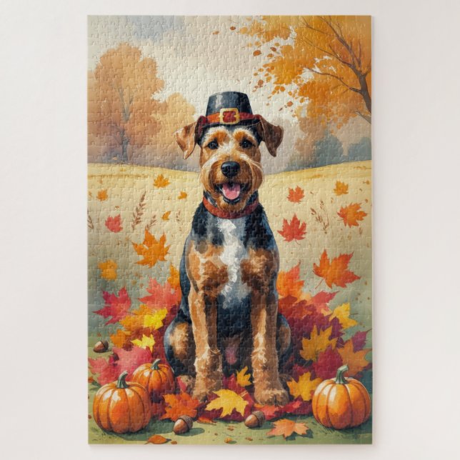 Airedale  in Autumn Leaves Thanksgiving Art Jigsaw Puzzle (Vertical)