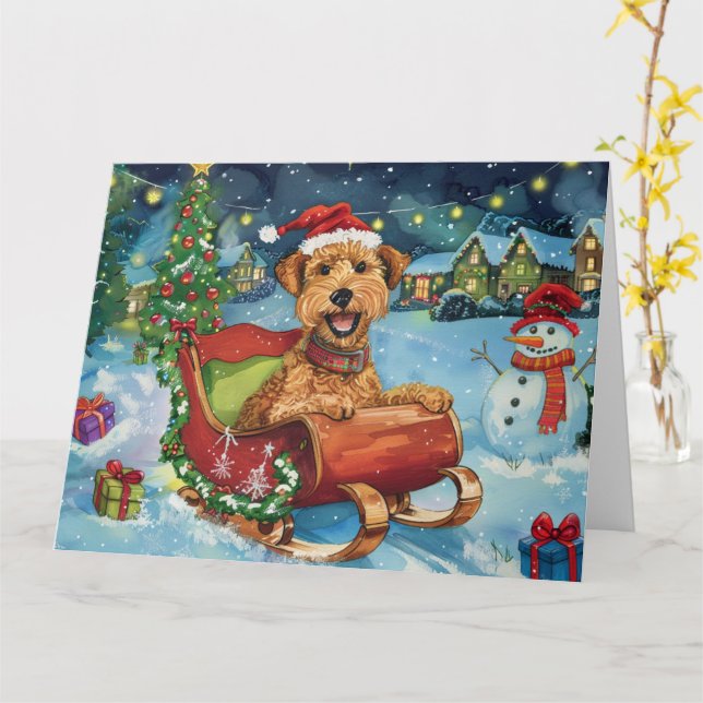 Airedale in Sleigh Snow Christmas Card (Yellow Flower)