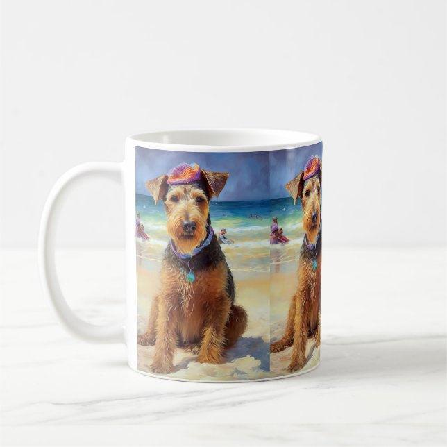 Airedale on Beach, summer gift for dog lovers  Coffee Mug (Left)