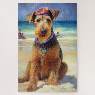 Airedale on Beach, summer gift for dog lovers Jigsaw Puzzle