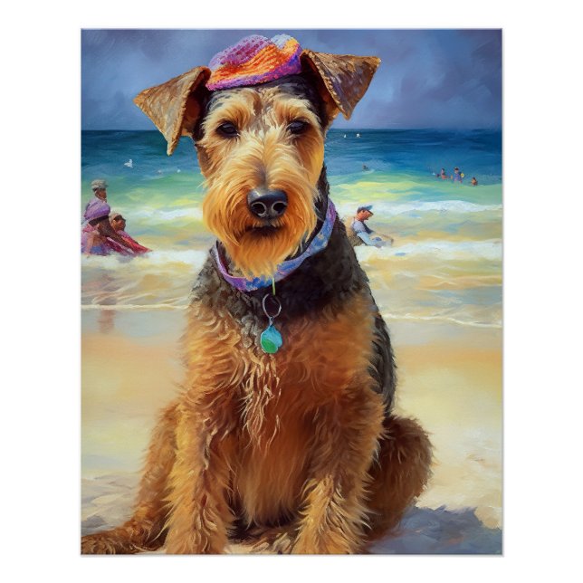 Airedale on Beach, summer gift for dog lovers  Poster (Front)