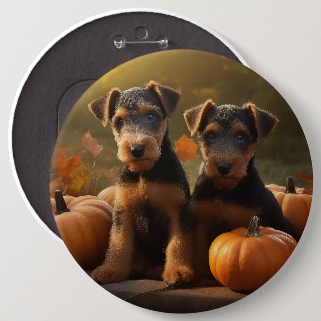 Airedale Puppy Autumn Delight Pumpkin Button (Front & Back)