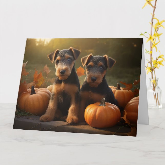 Airedale Puppy Autumn Delight Pumpkin Card (Yellow Flower)