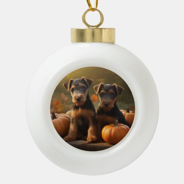 Airedale Puppy Autumn Delight Pumpkin Ceramic Ball Christmas Ornament (Front)