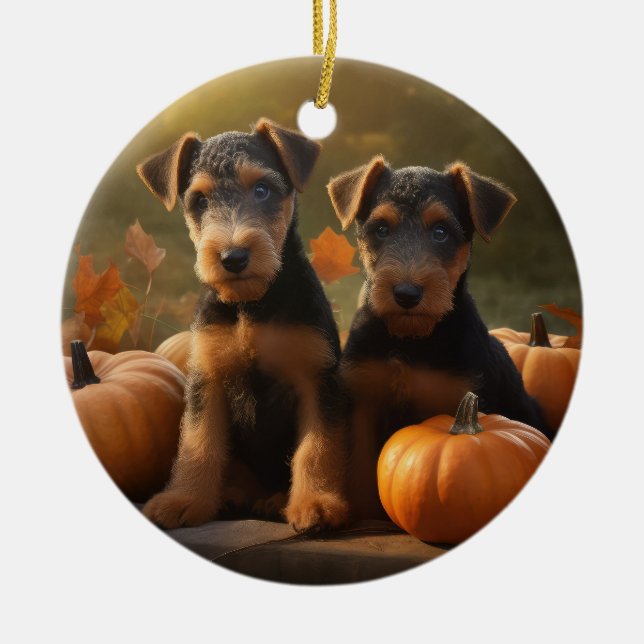 Airedale Puppy Autumn Delight Pumpkin Ceramic Ornament (Front)