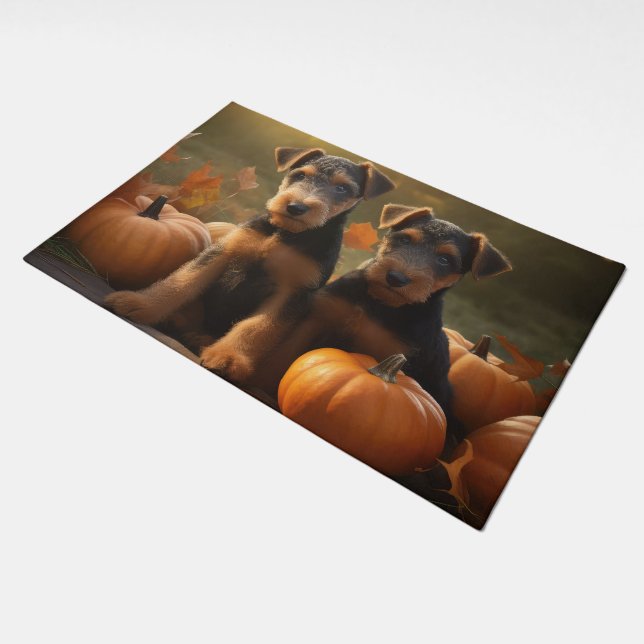 Airedale Puppy Autumn Delight Pumpkin Doormat (Angled)