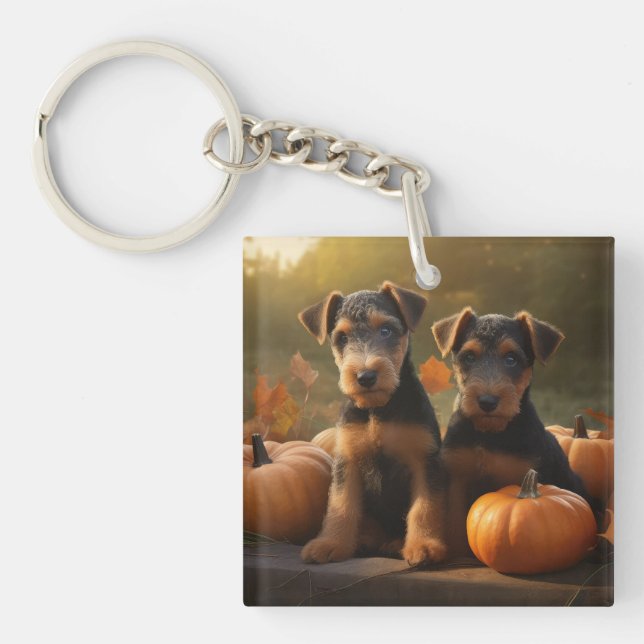 Airedale Puppy Autumn Delight Pumpkin Keychain (Front)
