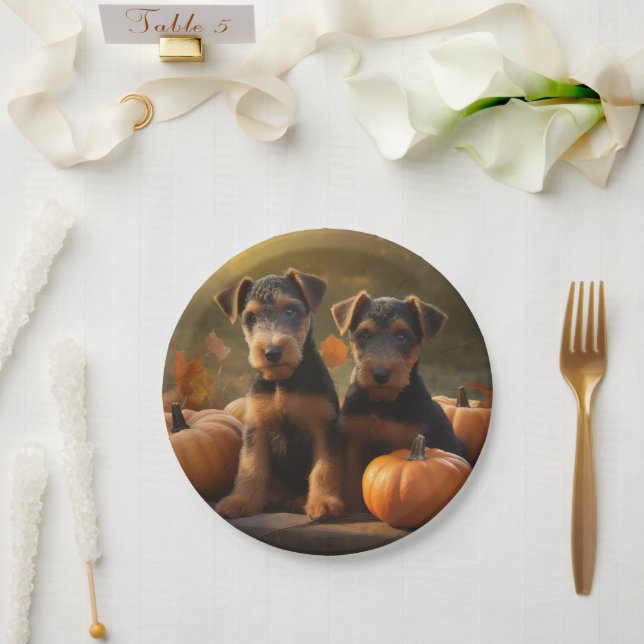 Airedale Puppy Autumn Delight Pumpkin Paper Plates (Wedding)