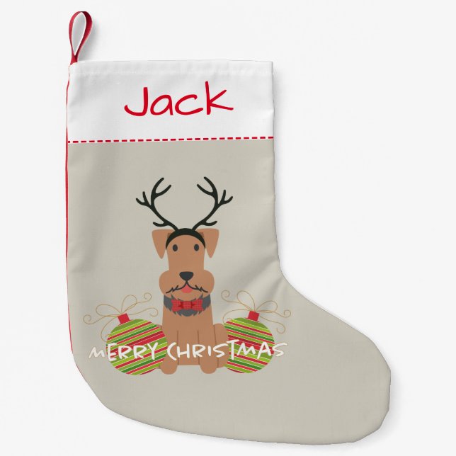Airedale Reindeer Merry Christmas Pet Small Christmas Stocking (Front)