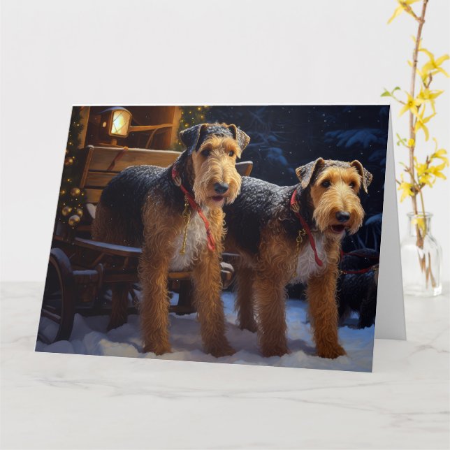 Airedale Snowy Sleigh Ride Christmas Decor   Card (Yellow Flower)