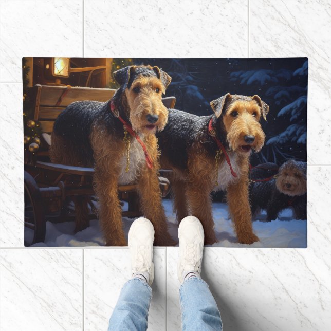 Airedale Snowy Sleigh Ride Christmas Decor   Doormat (Indoor)