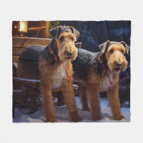 Airedale Snowy Sleigh Ride Christmas Decor   Fleece Blanket