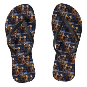 Airedale Snowy Sleigh Ride Christmas Decor Flip Flops