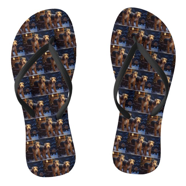 Airedale Snowy Sleigh Ride Christmas Decor   Flip Flops (Footbed)