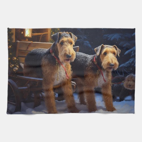 Airedale Snowy Sleigh Ride Christmas Decor   Kitchen Towel