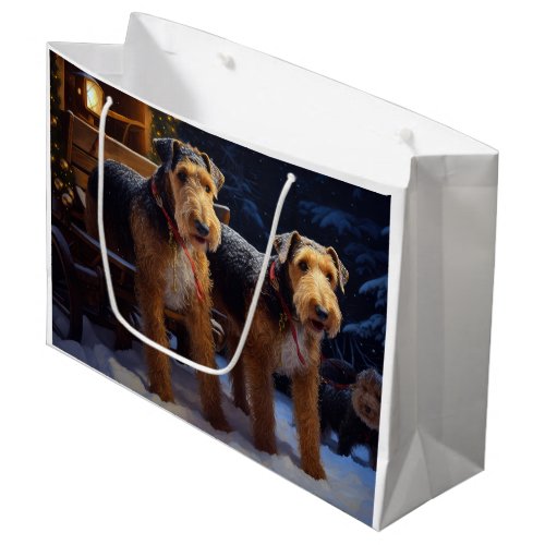 Airedale Snowy Sleigh Ride Christmas Decor   Large Gift Bag