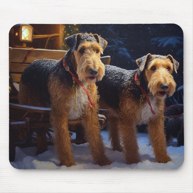 Airedale Snowy Sleigh Ride Christmas Decor   Mouse Pad (Front)