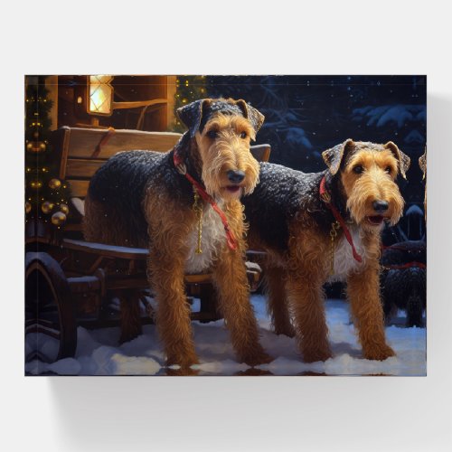 Airedale Snowy Sleigh Ride Christmas Decor   Paperweight