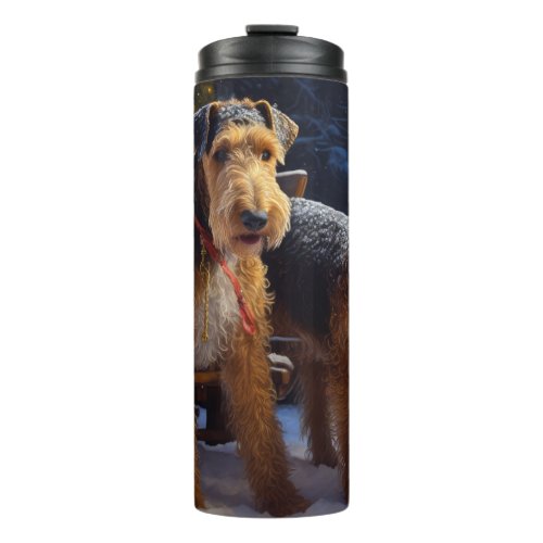 Airedale Snowy Sleigh Ride Christmas Decor   Thermal Tumbler