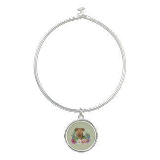 Airedale Terrier And Colorful Summer Flowers Green Bangle Bracelet