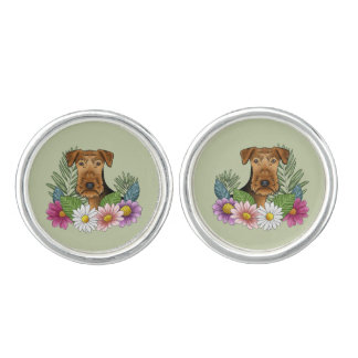 Airedale Terrier And Colorful Summer Flowers Green Cufflinks