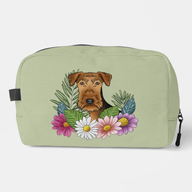 Airedale Terrier And Colorful Summer Flowers Green Dopp Kit (Front)