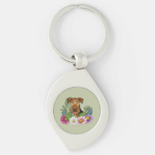 Airedale Terrier And Colorful Summer Flowers Green Keychain